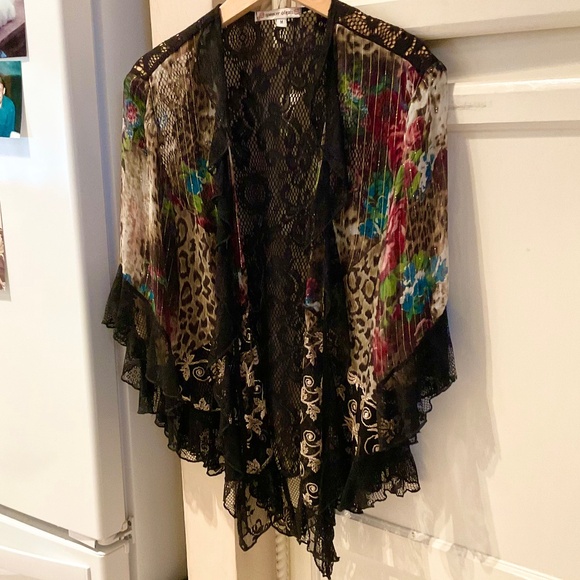 Spencer Alexis Kimono Jacket Top M Leopard Floral Black Lace Sheer Open Front - Picture 1 of 8